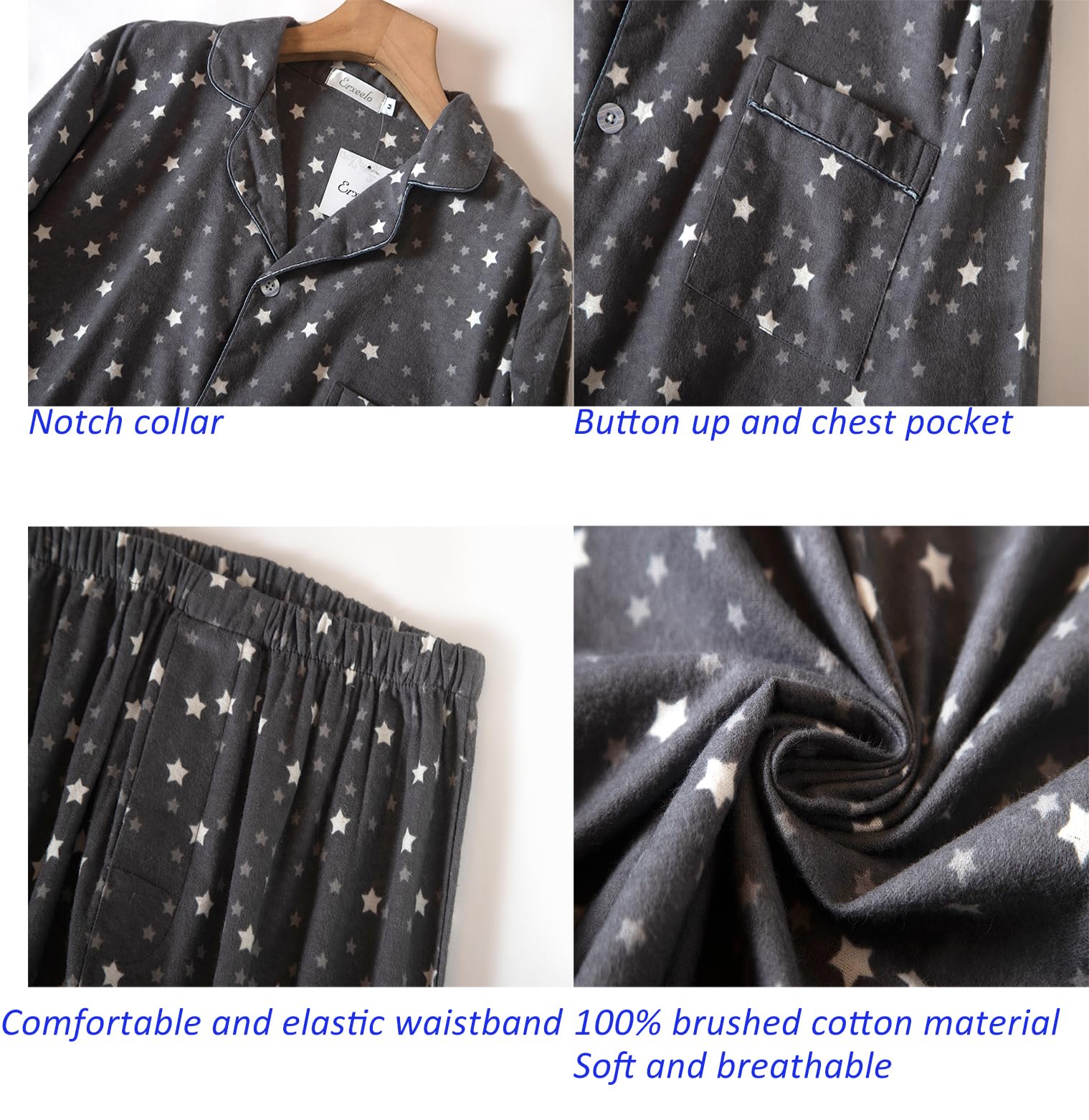 CHUNG Men Flannel Pajamas Set 100% Cotton Brushed Pjs Classic Plaid Long Sleeve Tops Pants Warm Sleepwear loungewear - Image 6