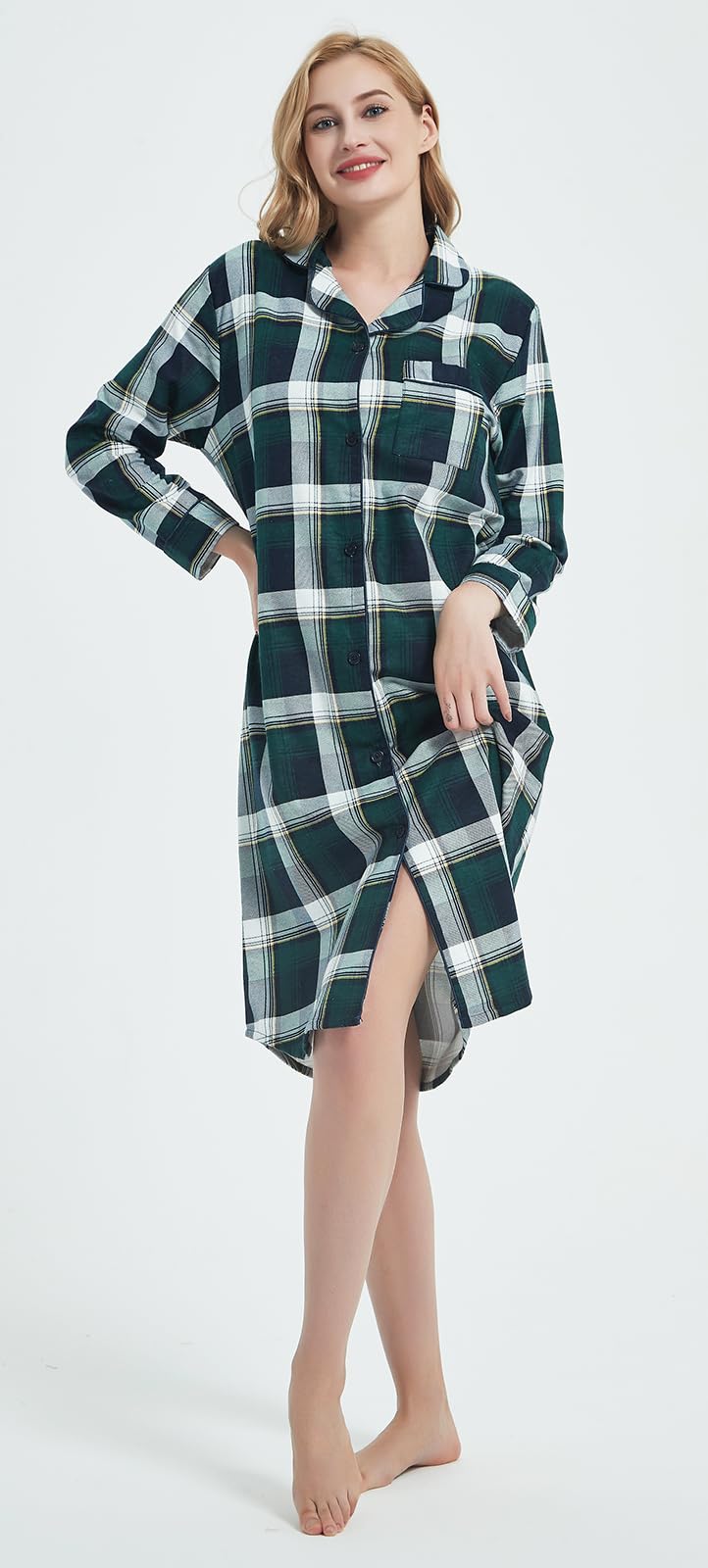 CHUNG Women Nightgowns Brushed Cotton Flannel Nightshirt Dress Long Nightwear Nighties Cozy Sleepwear - Image 3