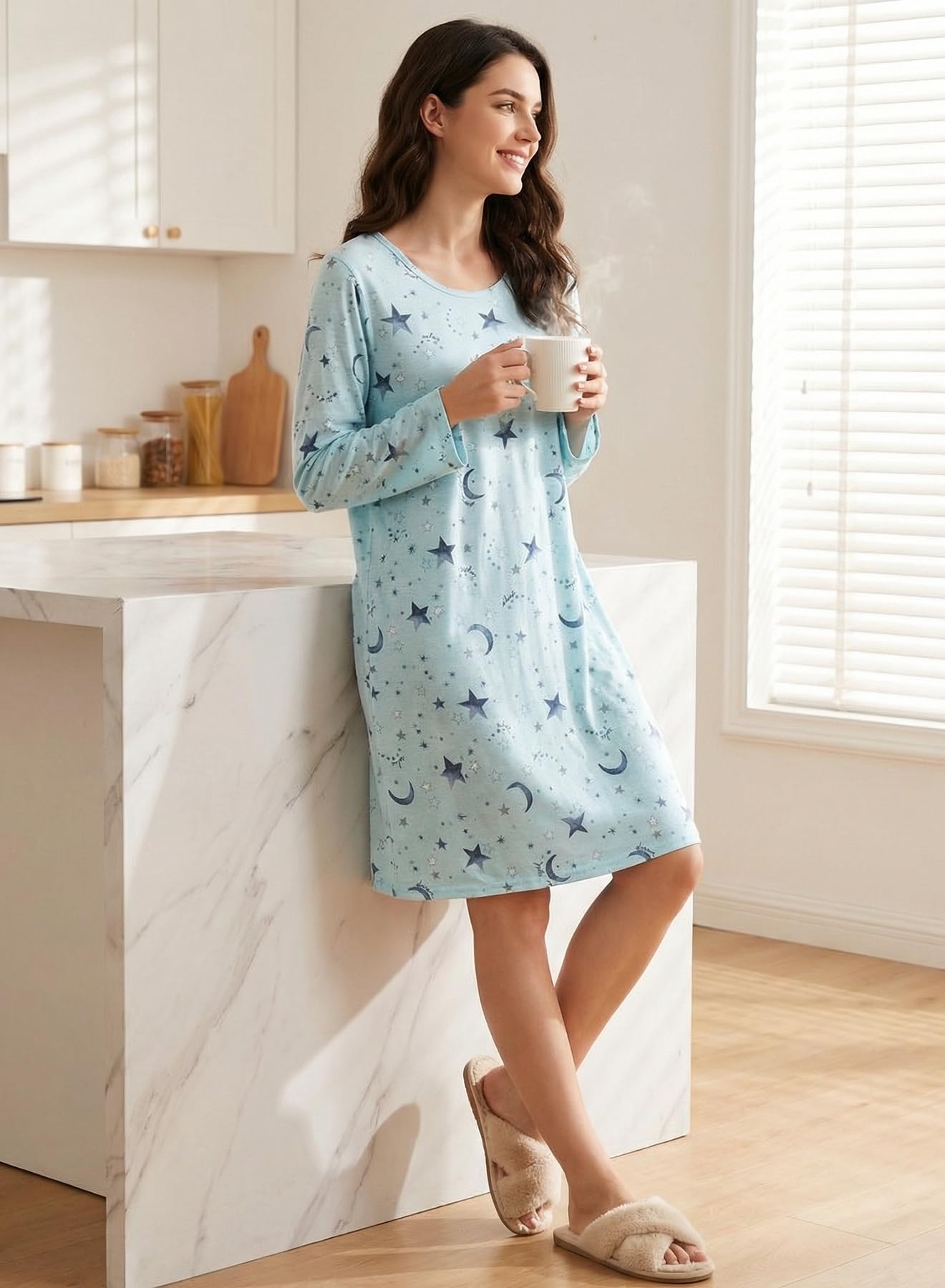 CHUNG Women's Cotton Nightgowns Long Sleeve Above Knee Vivid Print Nighties Sleepshirts Dress Sleepwear Autumn Winter - Image 3